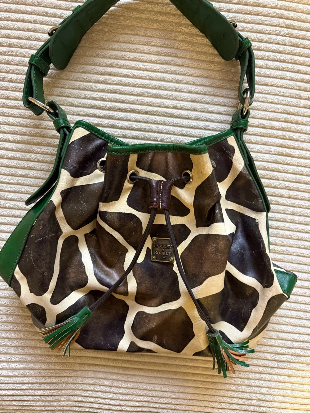 Dooney & Bourke Green Trim Giraffe-Print Drawstring Hobo
